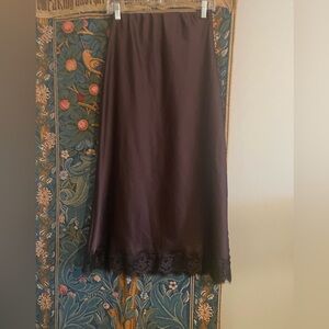 Silky Chocolate Brown Slip Midi Skirt with Lace Hem
